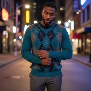 St. Dublin Blue Argyle V-Neck Sweater Men’s XL Wool Blend | Fall Winter Pullover